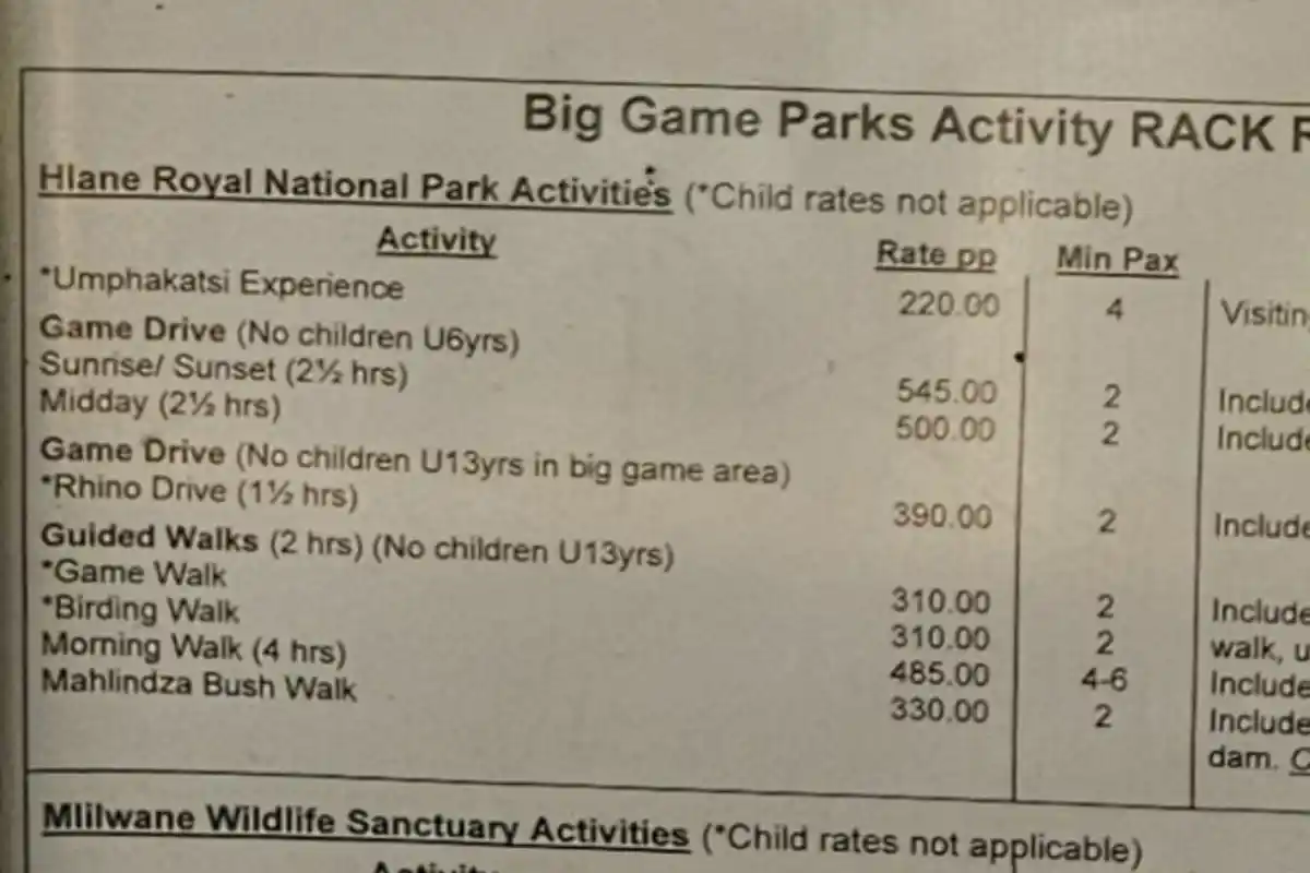 Lista de precios de actividades de safari Lista de precios de las actividades que se pueden reservar en Hlane National Park, en Esuatini