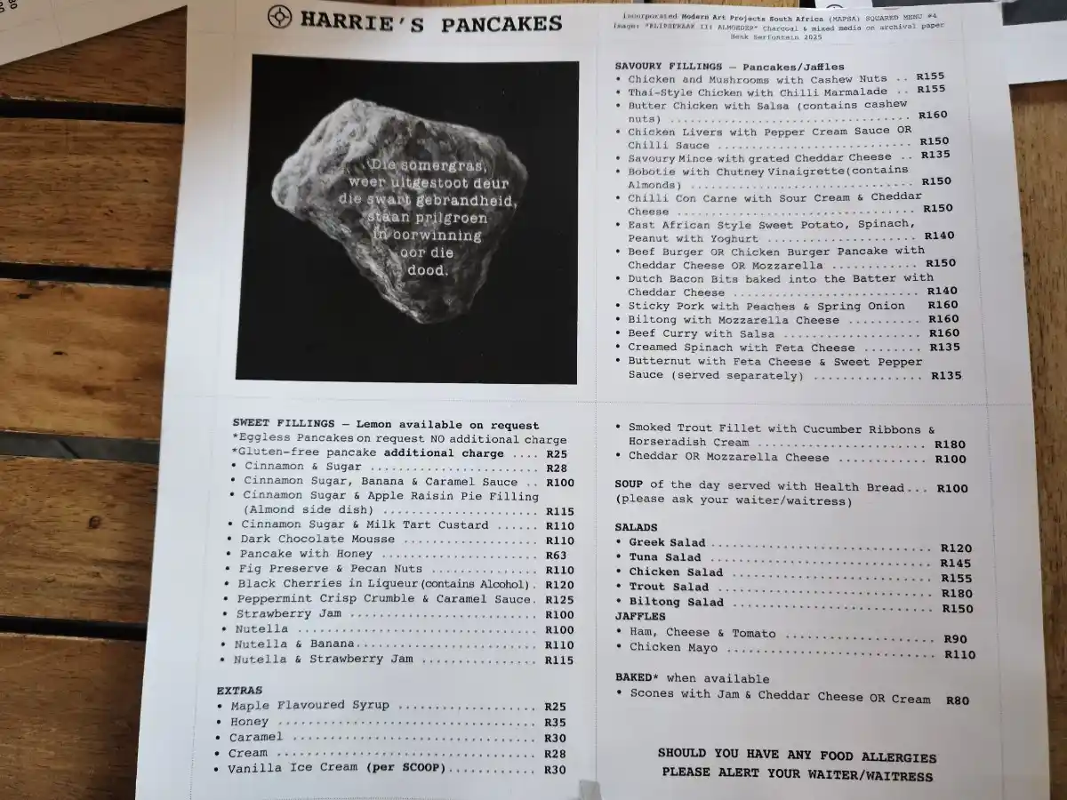 Harrie’s Pancakes´ menu Menú de Harrie’s Pancakes en Graskop, donde puedes pernoctar durante tu visita a la Ruta Panorama