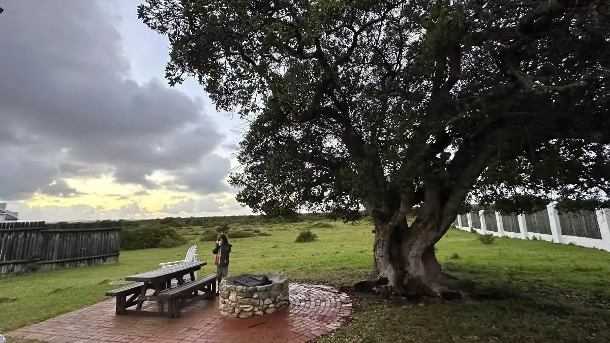 En el jardín donde pasamos la noche en De Hoop Reserve surante nuestra viaje familiare por Sudafrica